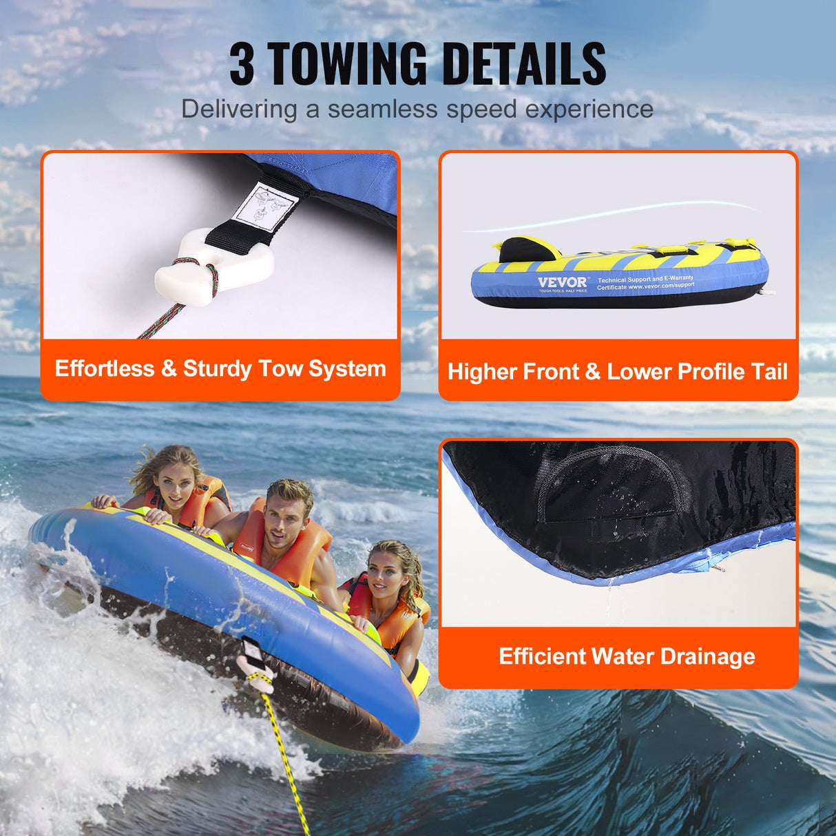 Towable Tube for Boating, 1-3 Riders Inflatable Towable Tube with Bumper Fins, 510 lbs Water Sport Towable Tubes for Boats to Pull, Full Nylon Cover, EVA Grab Handles and Speed Safety Valve