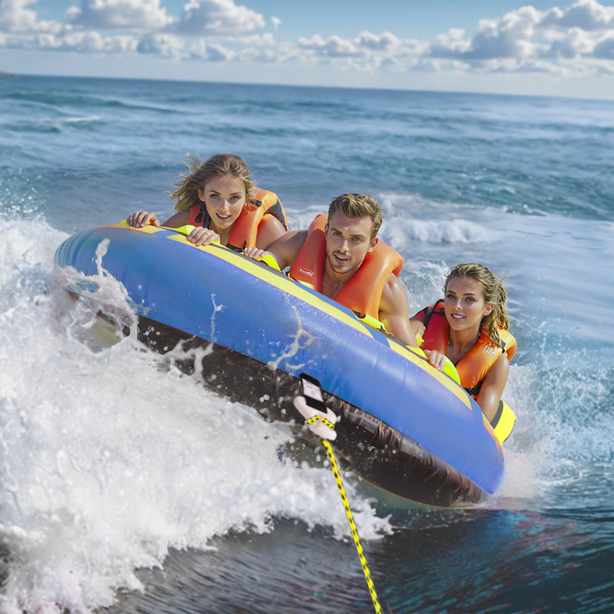 Towable Tube for Boating, 1-3 Riders Inflatable Towable Tube with Bumper Fins, 510 lbs Water Sport Towable Tubes for Boats to Pull, Full Nylon Cover, EVA Grab Handles and Speed Safety Valve