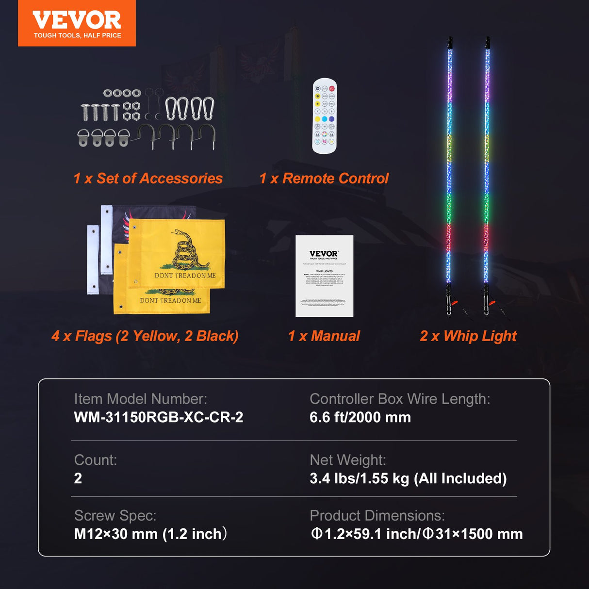 2 PCS 5 FT Whip Light, APP & RF Remote Control Led Whip Light, Waterproof Spiral RGB Chasing Lighted Whips with 4 Flags, for UTVs, ATVs, Motorcycles, RZR, Can-am, Trucks, Off-road, Go-karts