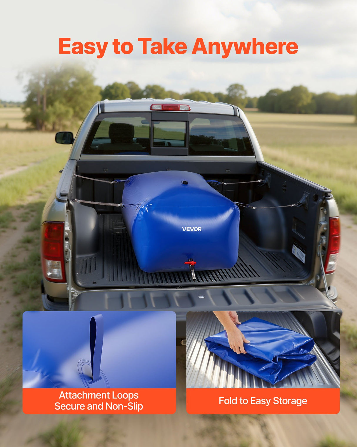 VEVOR Water Storage Bladder 400L Large Capacity Water Bag, Portable & Collapsible Soft Waters Container, Leakproof & Tear-Resistant PVC Emergency Waters Storage Tank for RV Truck & Outdoor Use