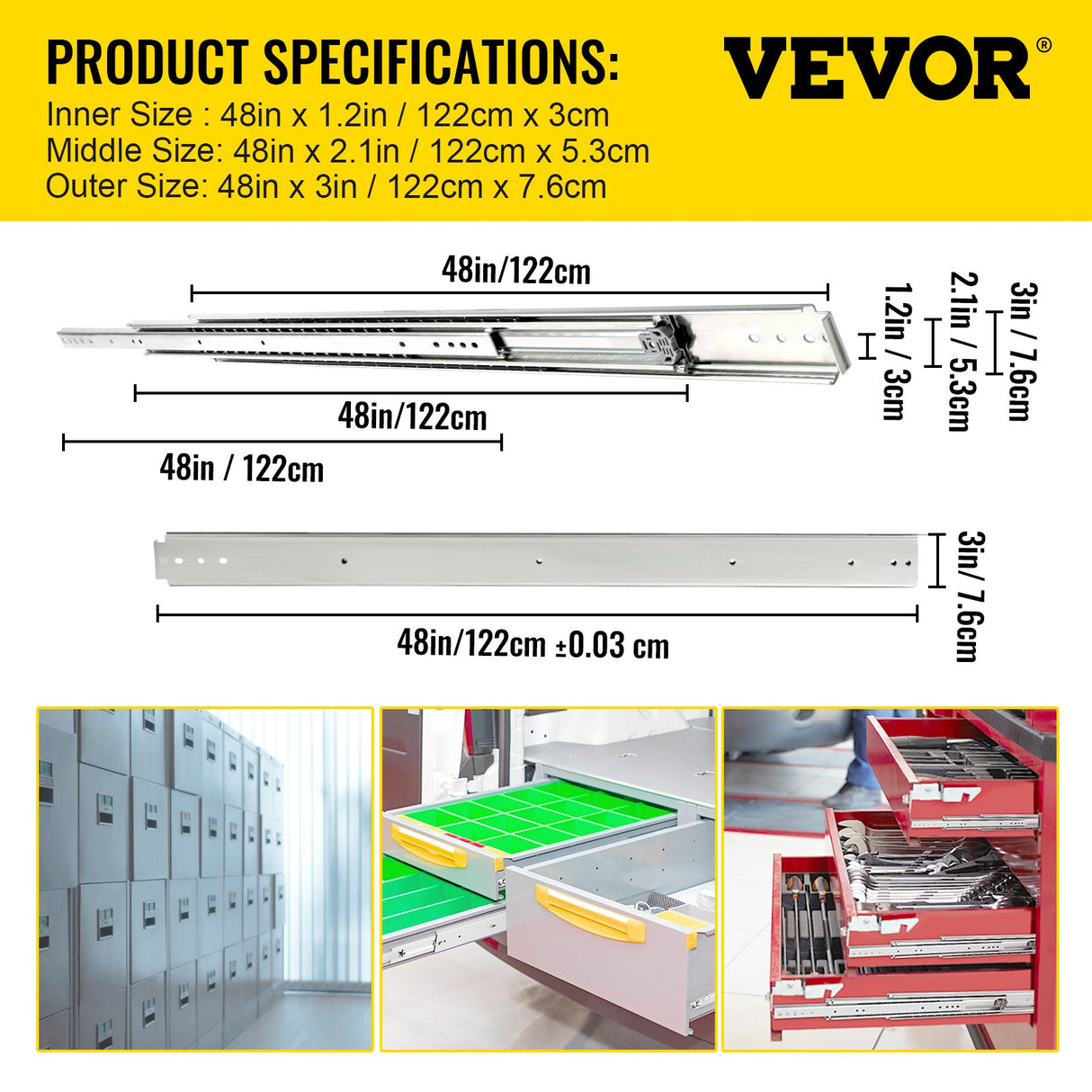 VEVOR Drawer Slide Soft Close Drawer 1Pair 48" Ball Bearing Full Extension 500lb