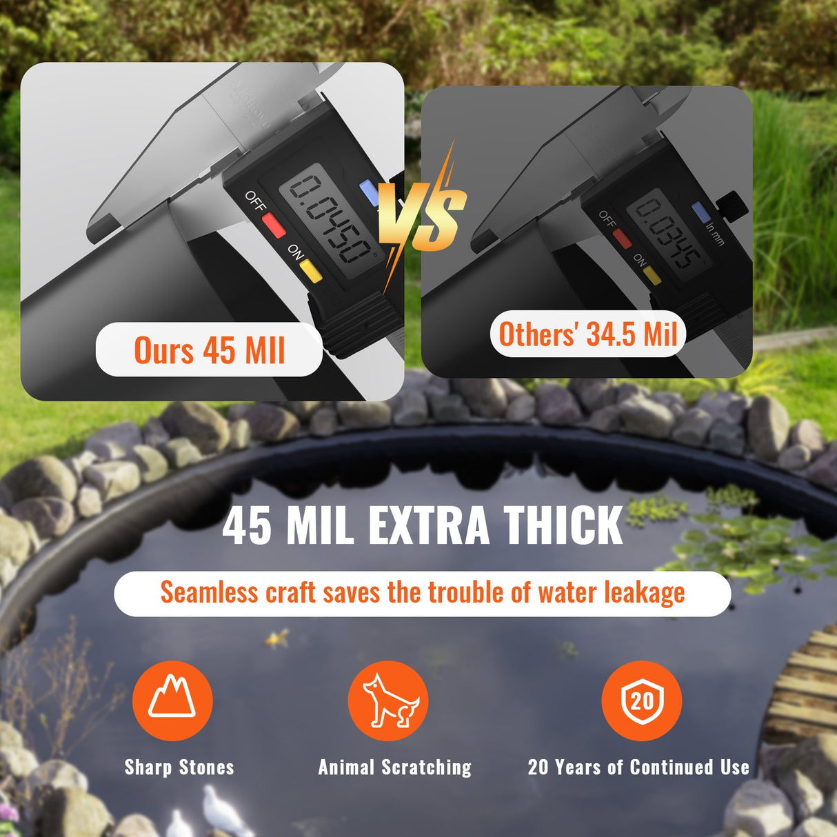 VEVOR Pond Liner, 6 x 7.6 m 45 Mil Thick, Pliable EPDM Material Pond Skins, Easy Cutting Underlayment for Fish or Koi Pond, Waterfall Base, Water Features, Water Gardens, Fountains, Black