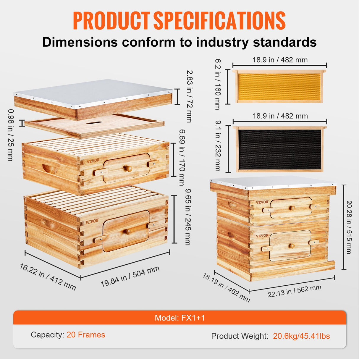 Bee Hive 20 Frame Bee Hives Starter Kit, Beeswax Coated Cedar Wood, 1 Deep + 1 Medium Bee Boxes Langstroth Beehive Kit, Transparent Acrylic Windows with Foundations for Beginners Pro Beekeepers