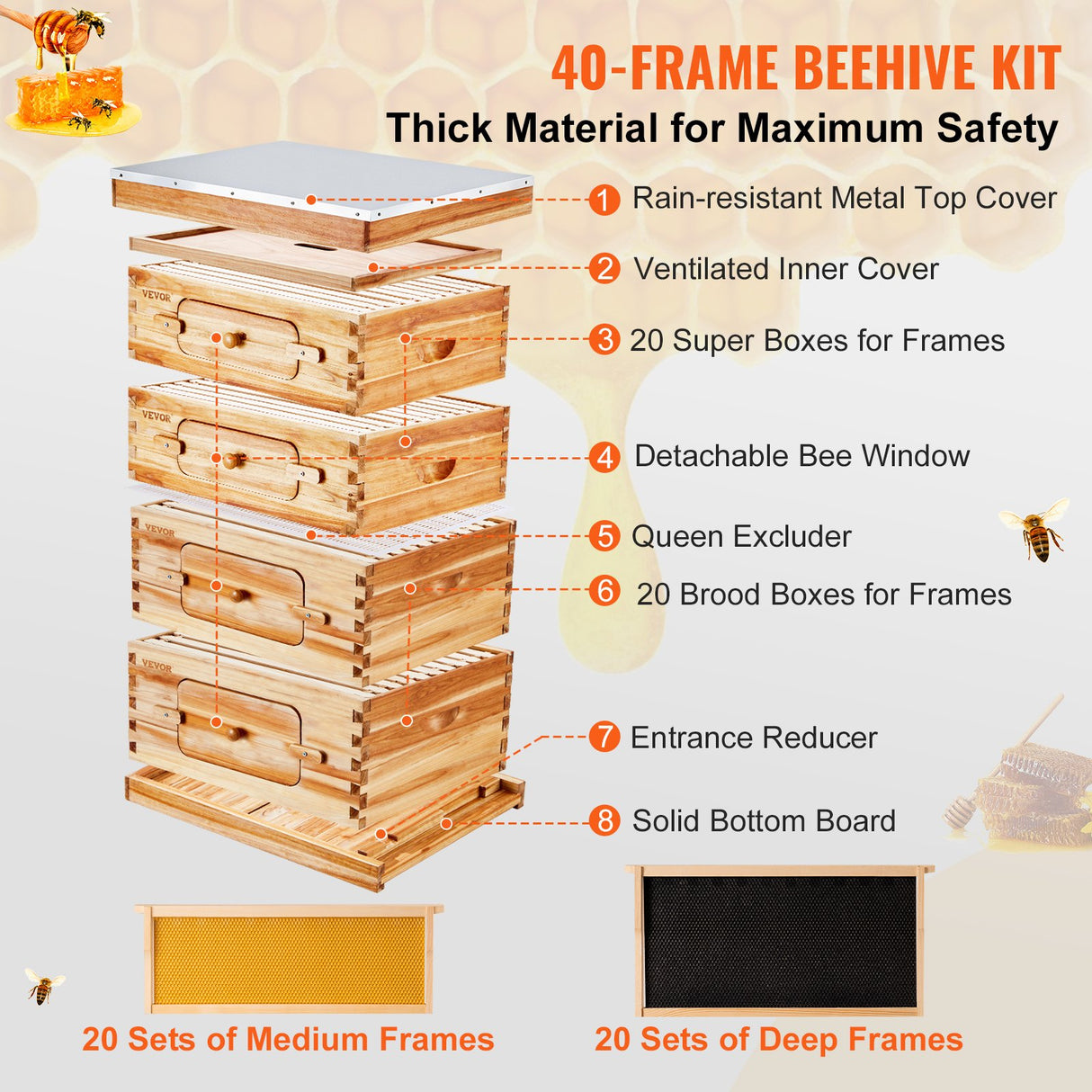 VEVOR Bee Hive 40 Frame Bee Hives Starter Kit, Beeswax Coated Cedar Wood, 2 Deep + 2 Medium Bee Boxes Langstroth Beehive Kit, Transparent Acrylic