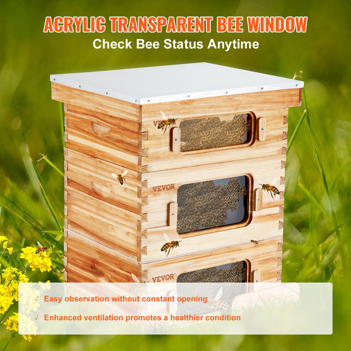 VEVOR Bee Hive 30 Frame Bee Hives Starter Kit, Beeswax Coated Fir Wood, 2 Deep + 1 Medium Bee Boxes Langstroth Beehive Kit, Transparent Acrylic