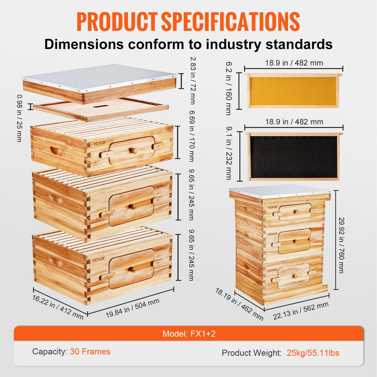 VEVOR Bee Hive 30 Frame Bee Hives Starter Kit, Beeswax Coated Fir Wood, 2 Deep + 1 Medium Bee Boxes Langstroth Beehive Kit, Transparent Acrylic