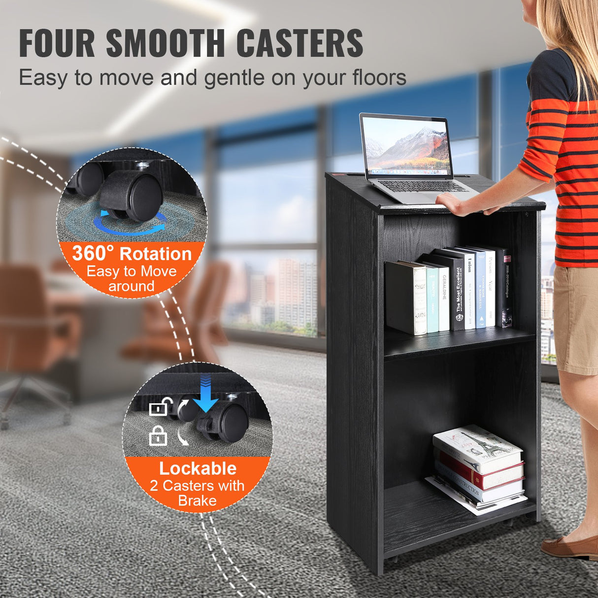VEVOR Podium Stand, 47 in Hostess Stand with 4 Rolling Wheels, Wood Podium with Storage Shelves, and Slant Desktop, Lecterns & Podiums for Church,