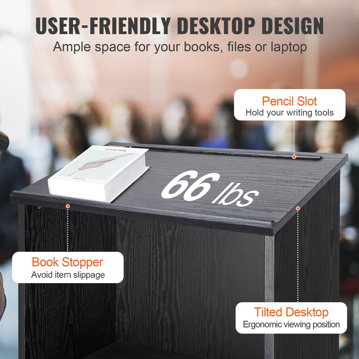 VEVOR Podium Stand, 47 in Hostess Stand with 4 Rolling Wheels, Wood Podium with Storage Shelves, and Slant Desktop, Lecterns & Podiums for Church,