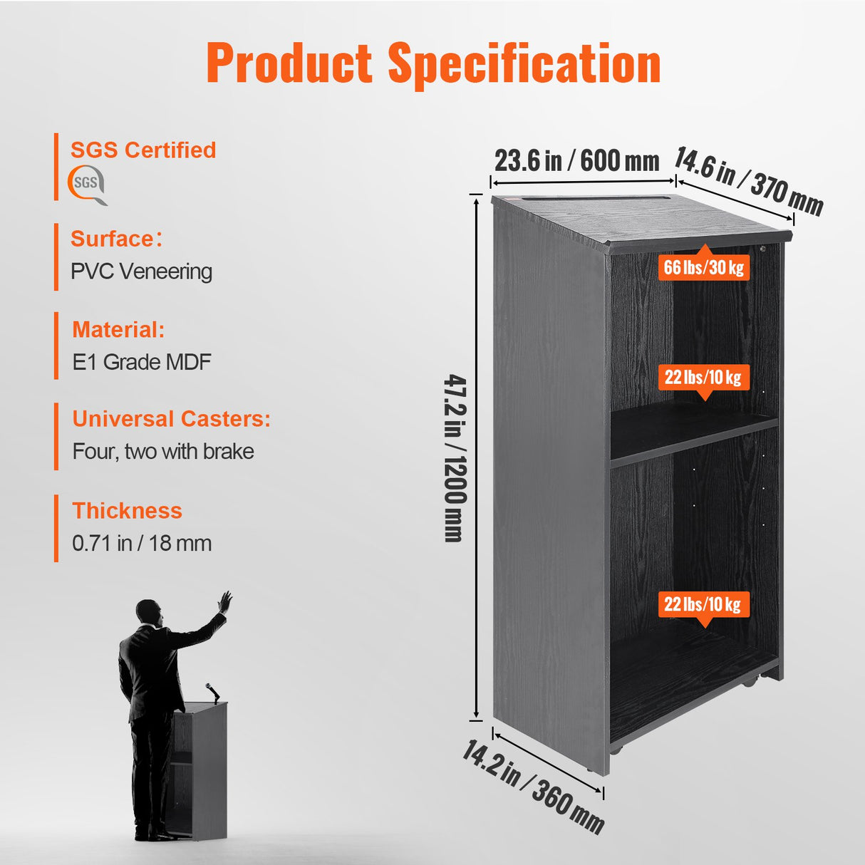 VEVOR Podium Stand, 47 in Hostess Stand with 4 Rolling Wheels, Wood Podium with Storage Shelves, and Slant Desktop, Lecterns & Podiums for Church,