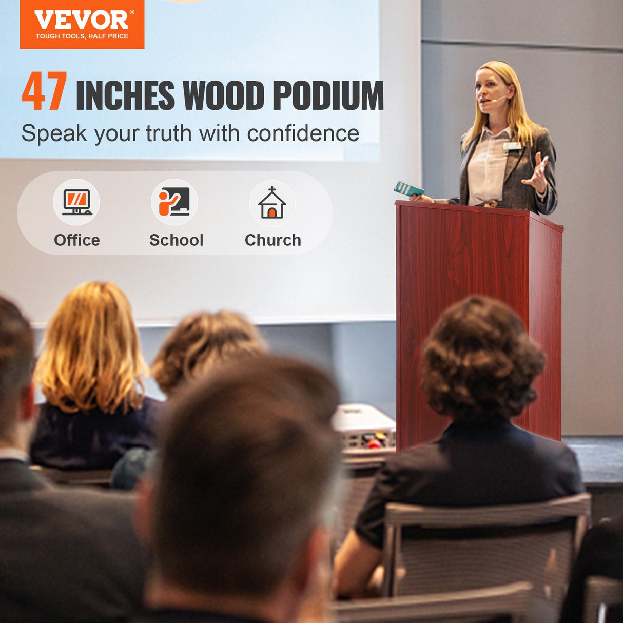 VEVOR Podium Stand, 47 in Hostess Stand with 4 Rolling Wheels, Wood Podium with Storage Shelves, and Slant Desktop, Lecterns & Podiums for Church,