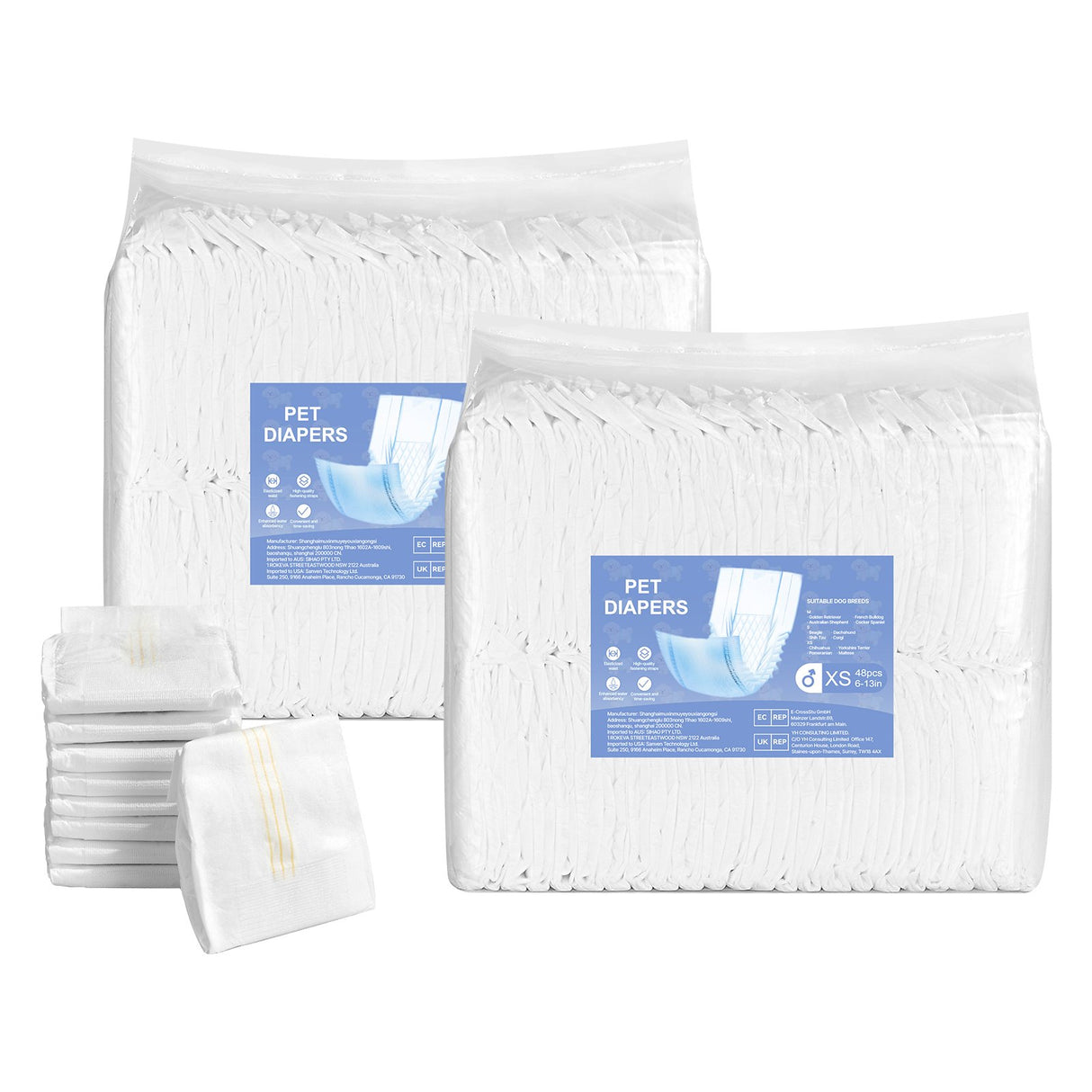 Disposable Male Dog Diapers, Super Absorbent Male Dog Wraps, 360 ° Leak-Proof Belly Bands with Wetness Indicator for Doggies in Heat, Training, Incontinence - XS, 96 Count (2 Packs of 48)