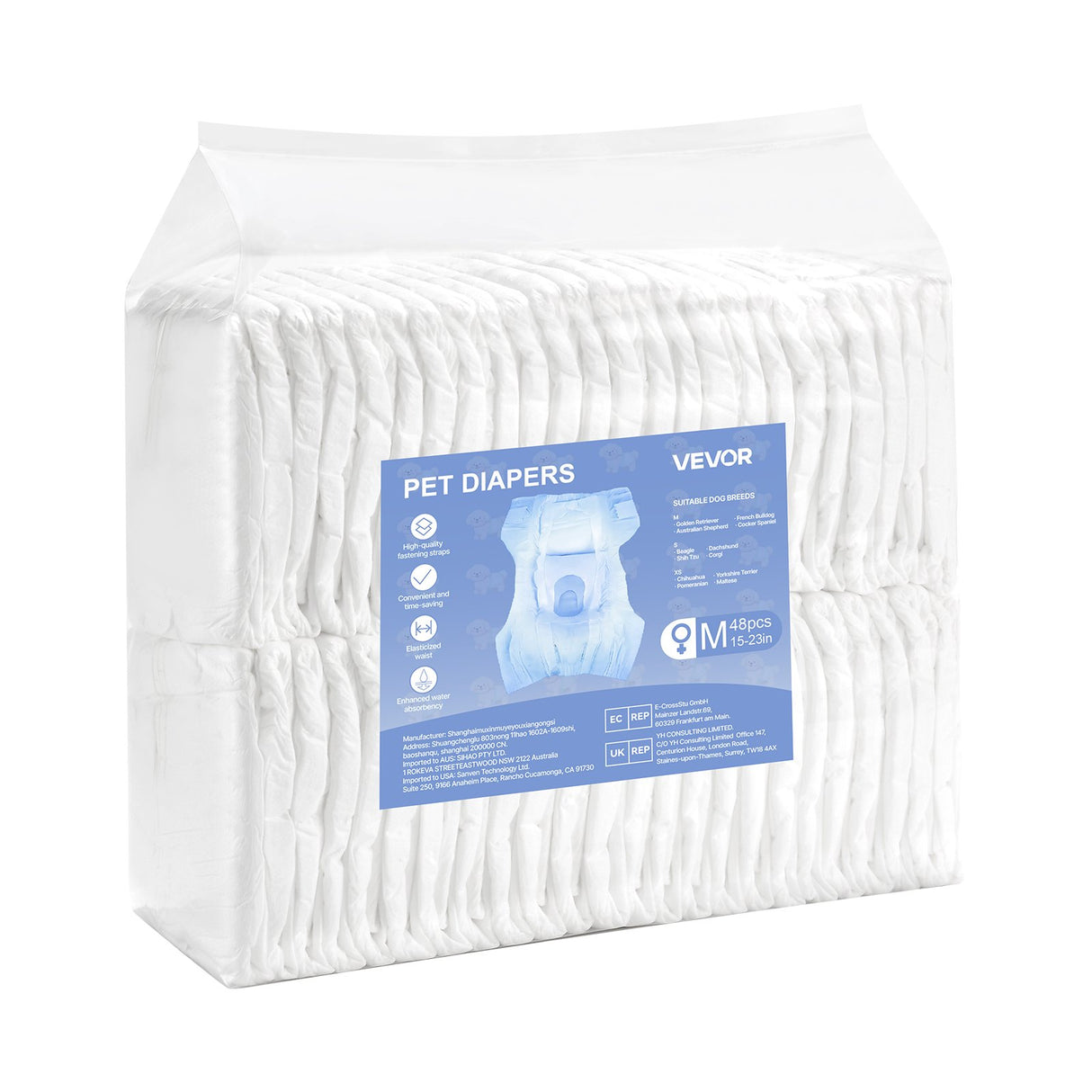 VEVOR Disposable Dog Diapers, Super Absorbent Female Dog Diapers, 360° Leak-Proof Female Doggy Pet Diaper with Wetness Indicator for Heat Period, Training, Incontinence - M, 144 Count (2 Packs of 72)