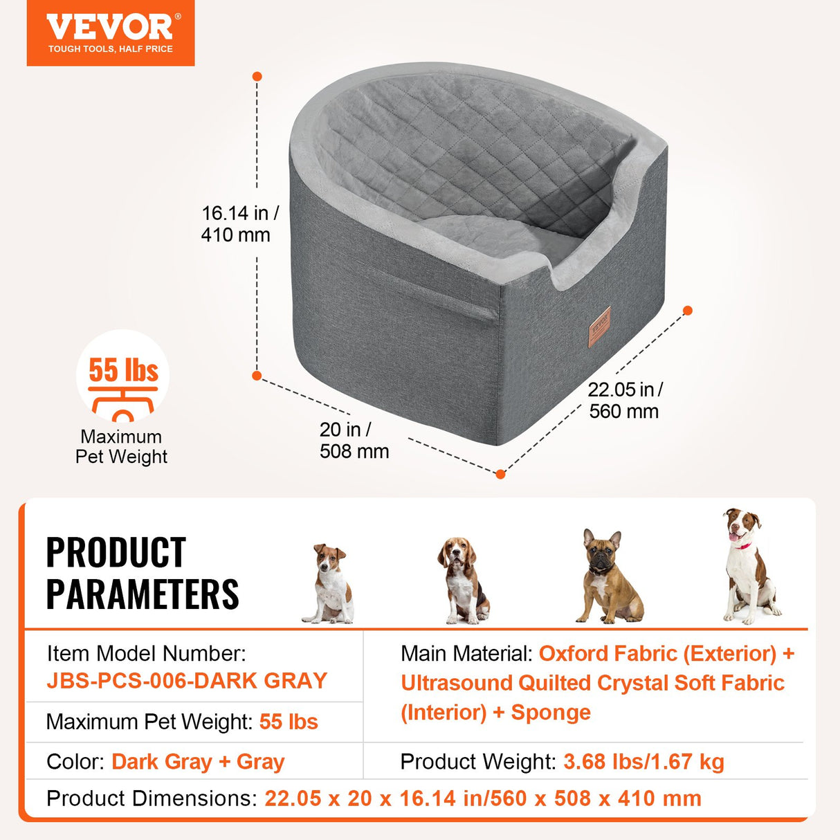 VEVOR Dog Booster Car Seat Pet Car Seat for Small Medium Dog up to 24.9 kg Gray