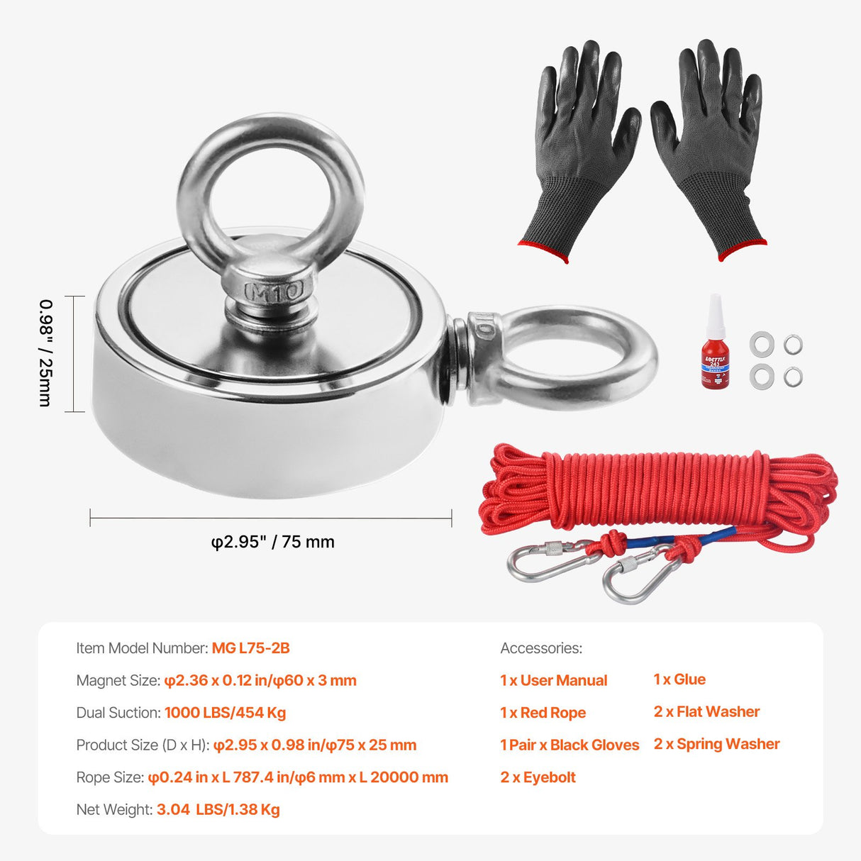 454 Kg Strong Fishing Magnet Kit Double-Sided Pull Force Rope Carabiner