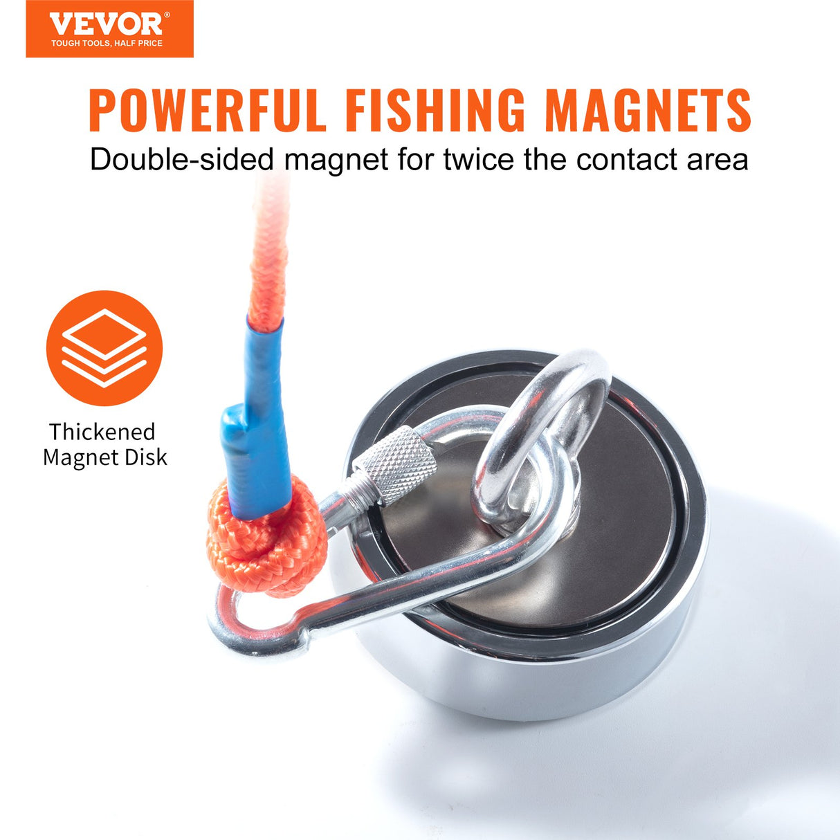 VEVOR Magnet Fishing Kit, 1200lbs Pulling Force Double Sided Fishing Magnets, 2.95inch Diameter Magnet with Rope, Grappling Hook, Gloves, Waterproof Case, Threadlocker, Eye Bolt, for Fishing