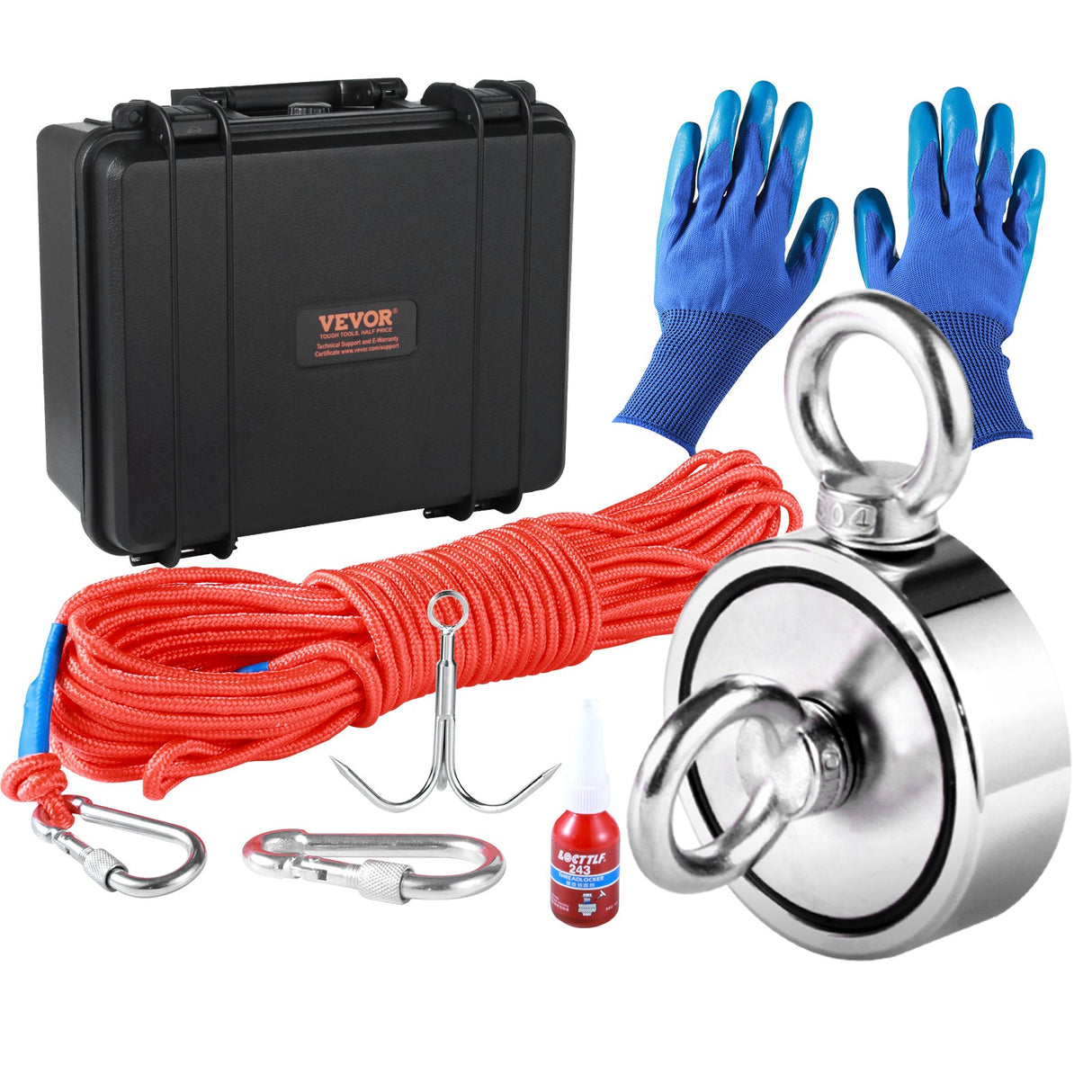 Magnet Fishing Kit, 1200lbs Pulling Force Double Sided Fishing Magnets, 2.95inch Diameter Magnet with Rope, Grappling Hook, Gloves, Waterproof Case, Threadlocker, Eye Bolt, for Fishing