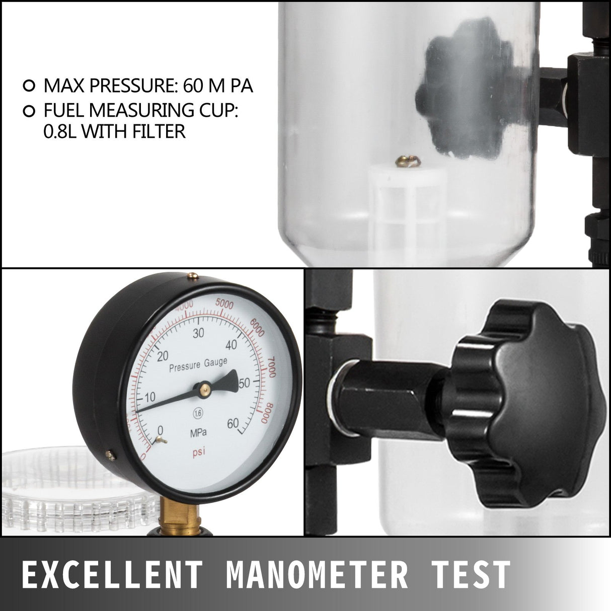 Diesel Injector Nozzle
Pressure Tester Dual scale Manometer Test Tool 0-600Bar (0-8000PSI)
60Mpa Test Pressure High Configuration