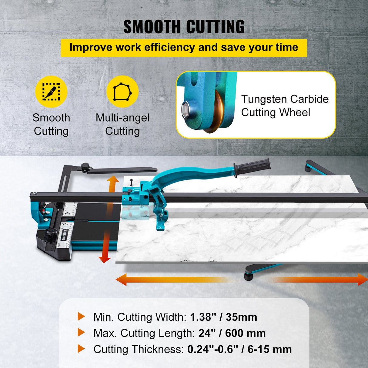 VEVOR Tile Cutter 24in Cutting Tool w/ Laser Guide Single Rail Double Brackets