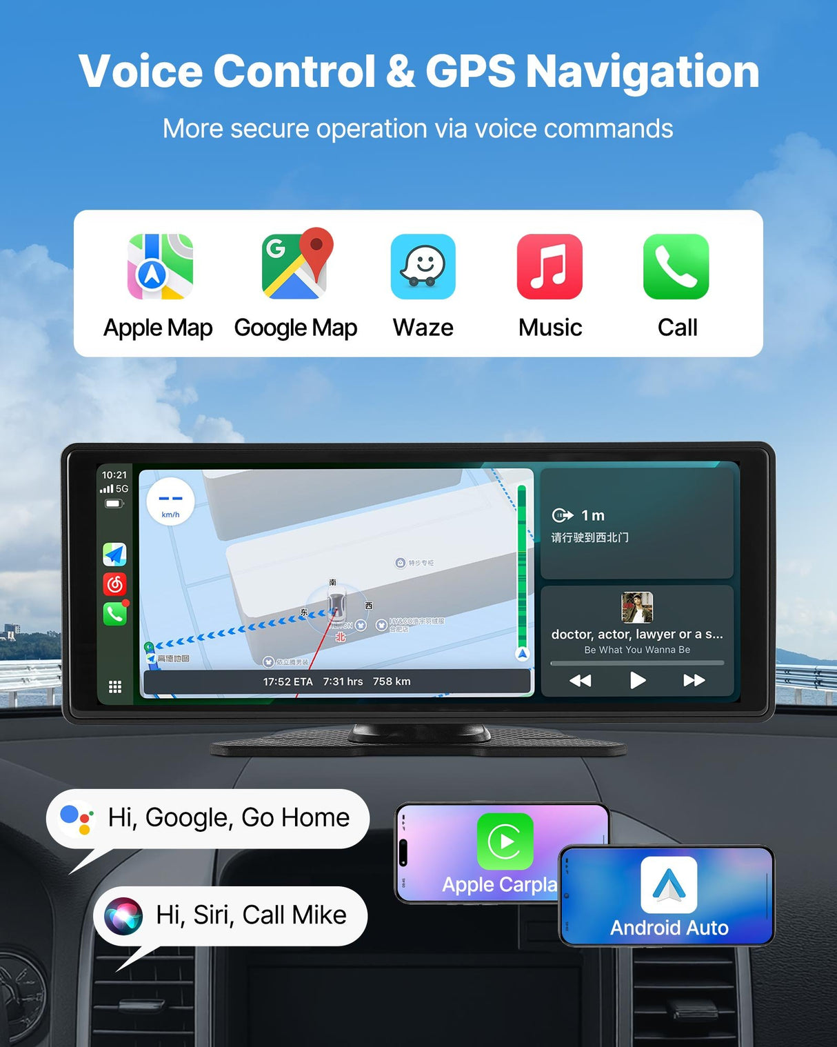 VEVOR Car Stereo Radio CarPlay Touchscreen 254mm Apple Android Front/Rear Camera