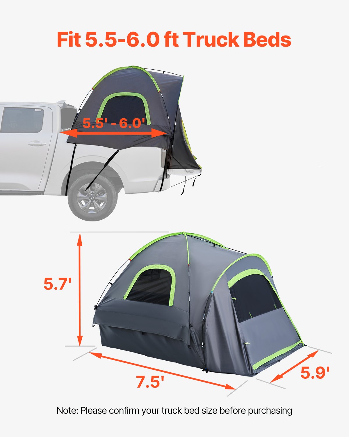 VEVOR Truck Tent 5.5-6.0ft Waterproof PU2000 Truck Bed Camping Tent 2-3 Person