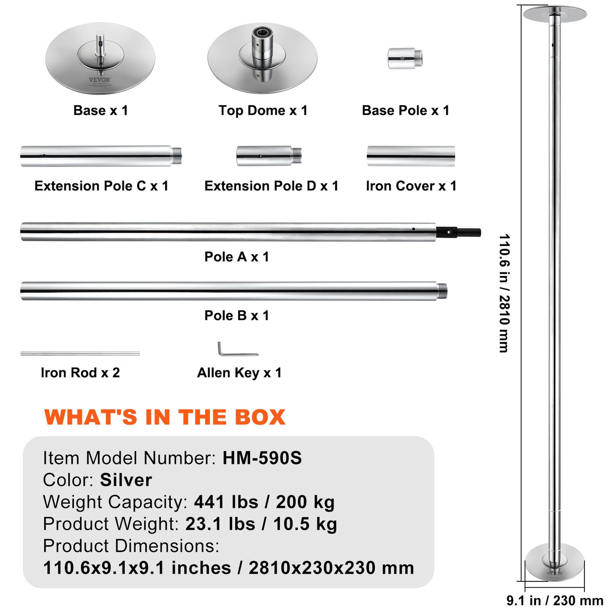 VEVOR Professional Dancing Pole, Spinning Static Dancing Pole Kit, Portable Removable Pole, 45mm Heavy-Duty Stainless Steel Pole, Height Adjustable