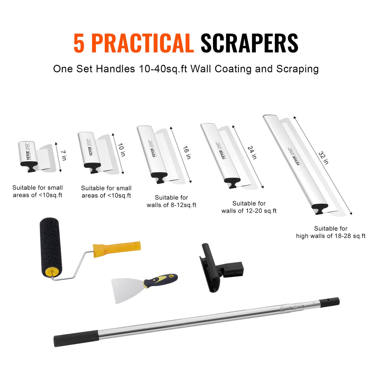 VEVOR Drywall Skimming Blade Set, 7/10/14/16/24 in Skimming Blades + 34 - 81.6 in Extension Handle Pole, Stainless Steel Knife Professional Skim Coat Tools, for Gyprock/WallBoard/Plasterboard