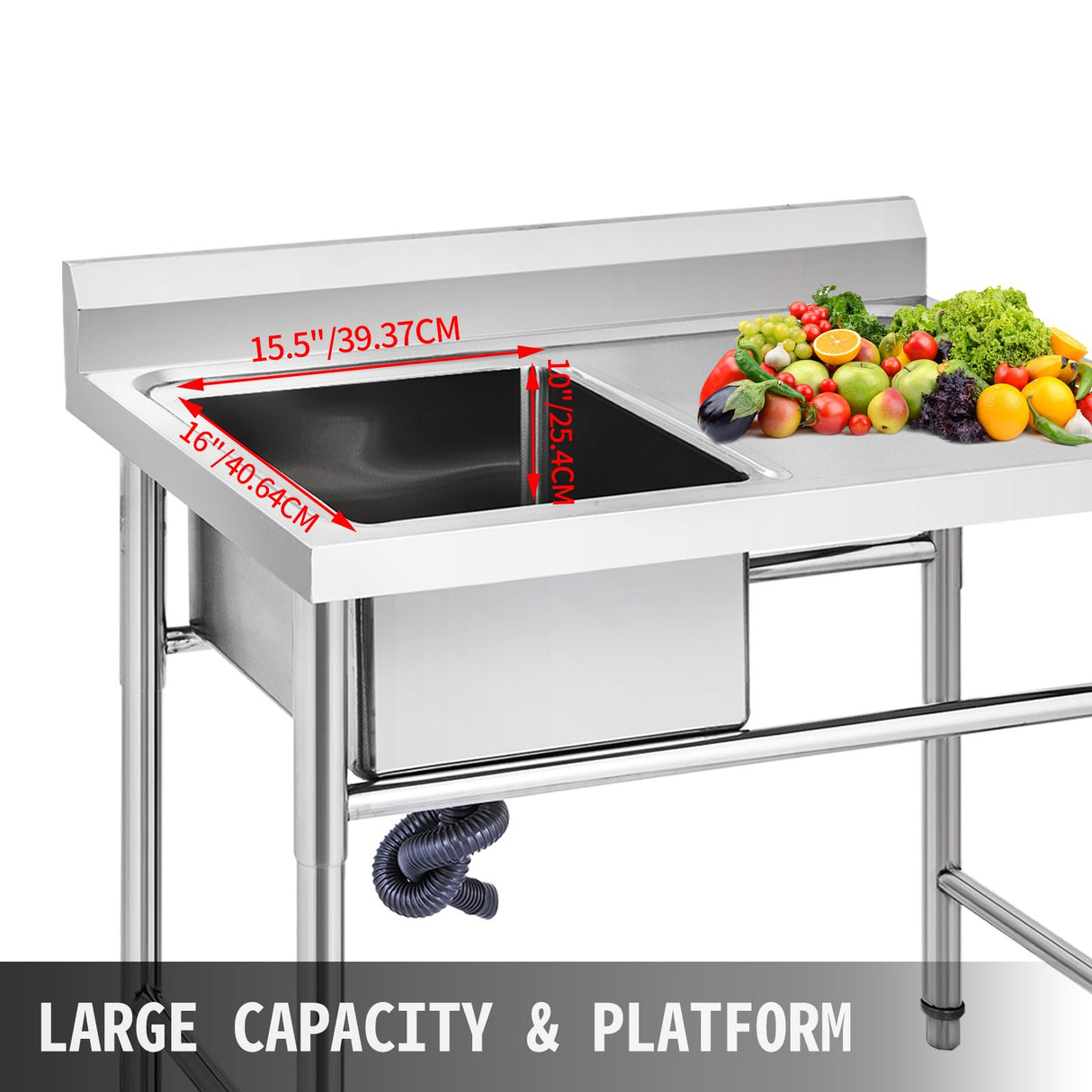 VEVOR Handmade Sink Non-magnetic Stainless Steel Kitchen Sink Hand Made 1 Compartment 40.6 x 39.4 x 25.4 cm Capacity Huge Tub Sink with Right Hand Platform for Farmhouse Cafe Shop Hospital