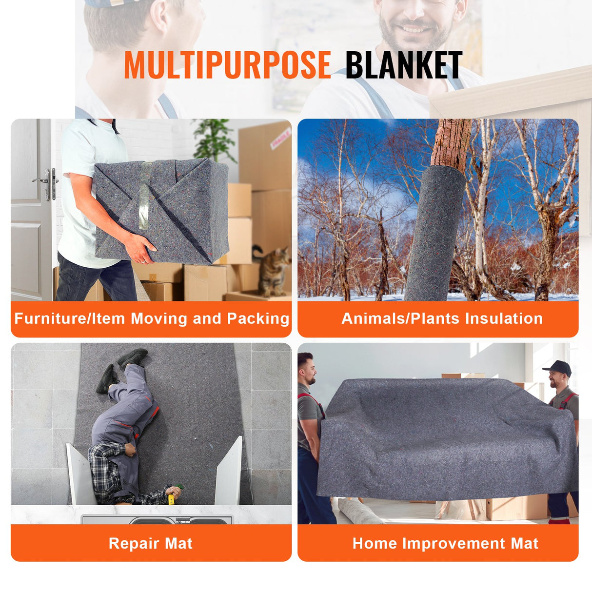 VEVOR Moving Blankets, 1829 x 1372 mm, 12 kg/dz Weight, 12 Pack, Professional Recycled Cotton Packing Blanket, Large Heavy Duty Shipping Mover Pads Perfect for Protecting Furniture, Floors, Appliances