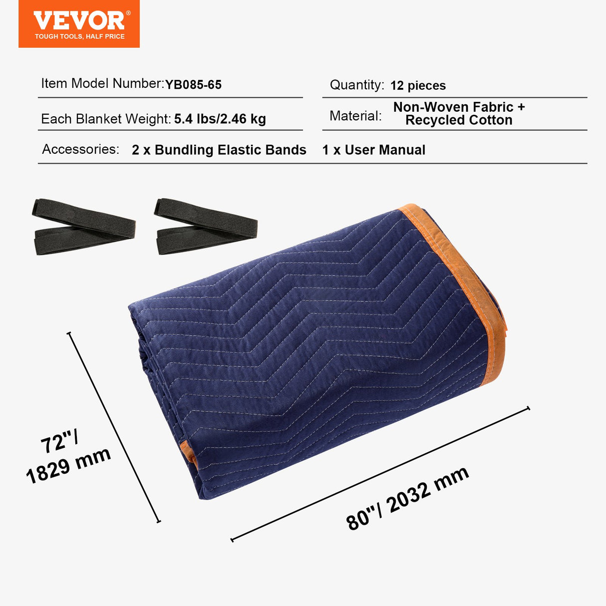 VEVOR Moving Blankets, 2032 x 1829 mm, 29.5 kg/dz, 12 Packs, Professional Non-Woven & Recycled Cotton Packing Blanket, Heavy Duty Mover Pads for