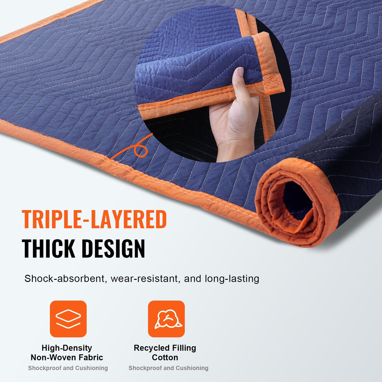 VEVOR Moving Blankets, 2032 x 1829 mm, 15.6 kg/dz, 12 Packs, Professional Non-Woven & Recycled Cotton Packing Blanket, Heavy Duty Mover Pads for Protecting Furniture, Floors, Appliances, Blue/Orange