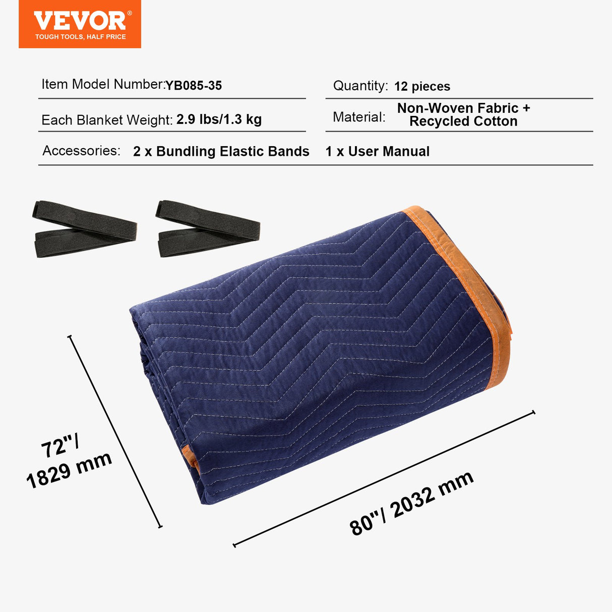 VEVOR Moving Blankets, 2032 x 1829 mm, 15.6 kg/dz, 12 Packs, Professional Non-Woven & Recycled Cotton Packing Blanket, Heavy Duty Mover Pads for