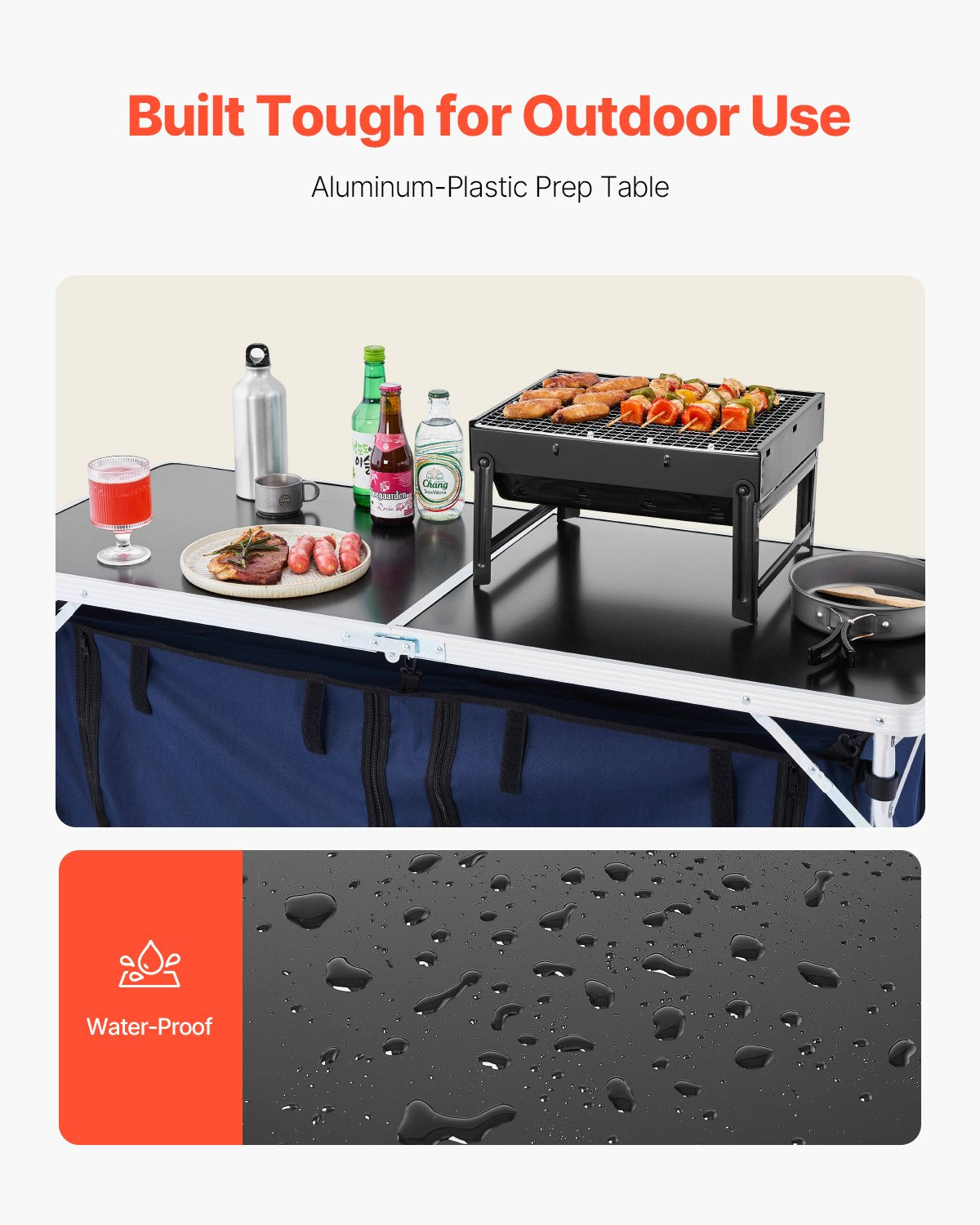 VEVOR Camping Kitchen Table, Folding Outdoor Cooking Table, 3 Adjustable Height, Aluminum Lightweight Portable Cook Station with Storage Organizer, Carry Handle, for BBQ Party Picnic RV Travel, Blue