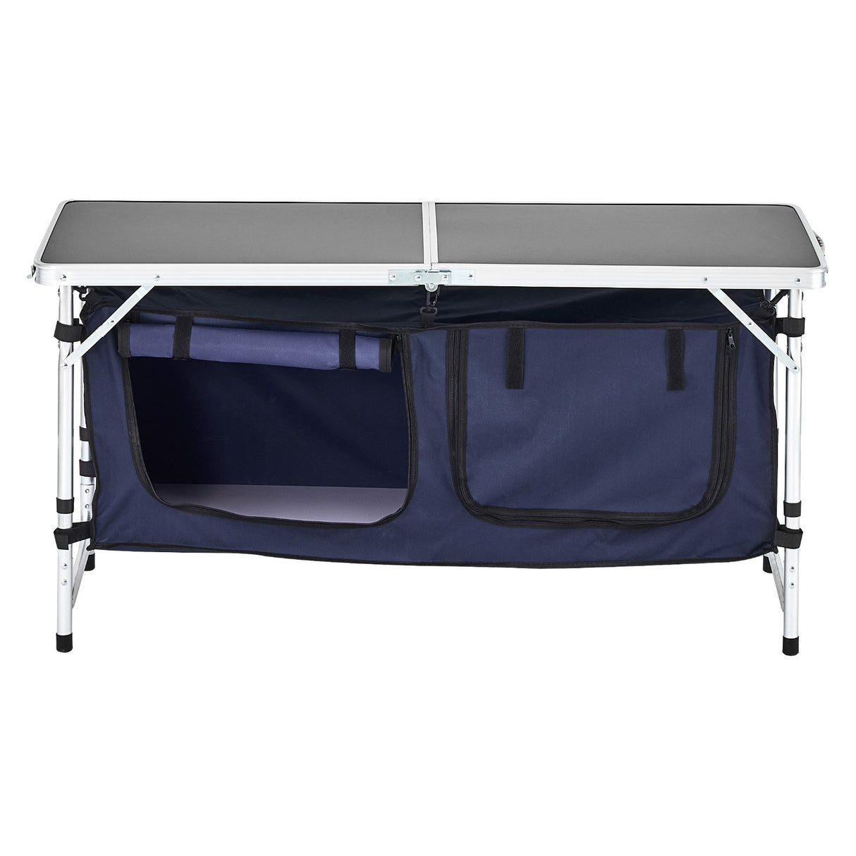VEVOR Camping Kitchen Table, Folding Outdoor Cooking Table, 3 Adjustable Height, Aluminum Lightweight Portable Cook Station with Storage Organizer, Carry Handle, for BBQ Party Picnic RV Travel, Blue