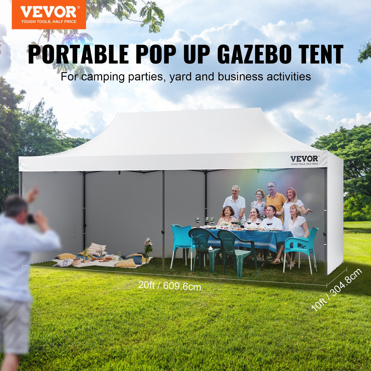 VEVOR Pop Up Canopy Tent Outdoor Gazebo Tent 10x20FT with Sidewalls & Bag White
