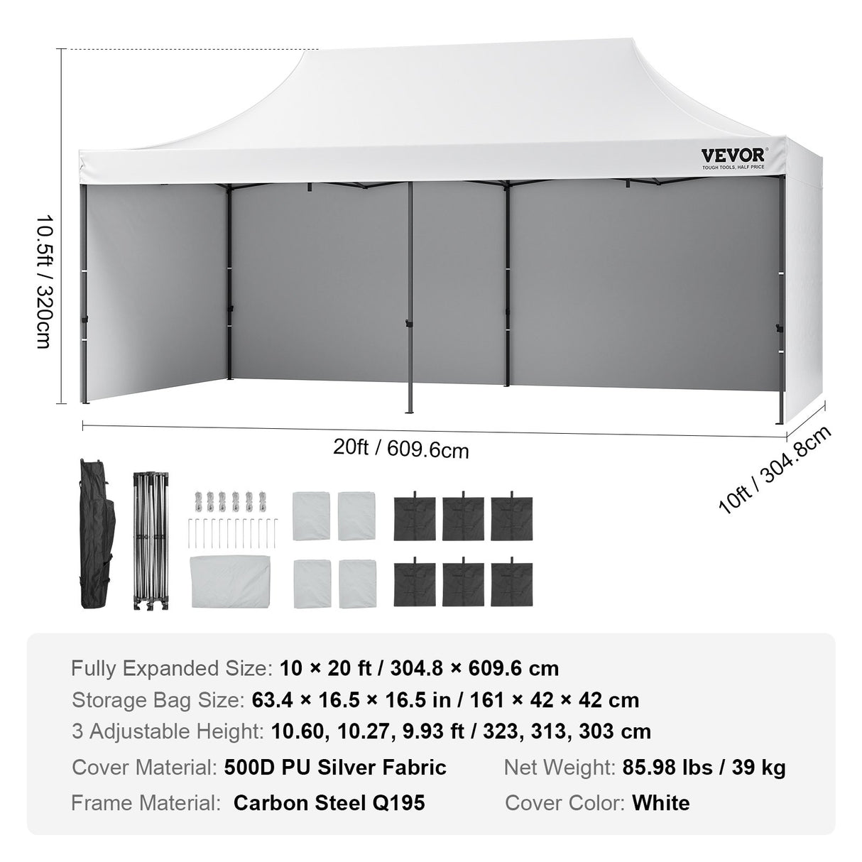 VEVOR Pop Up Canopy Tent Outdoor Gazebo Tent 10x20FT with Sidewalls & Bag White