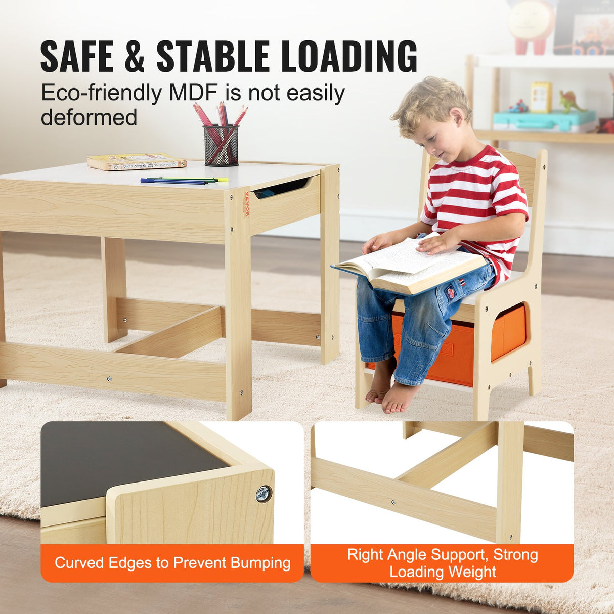 VEVOR Kids Table and Chair Set Wooden Activity Table with Storage Space & Boxes