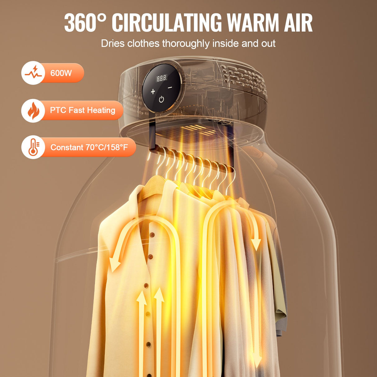 Portable Clothes Dryer, Clothes Dryer with Dryer Bag, PTC Heating & LED Display, Foldable Mini Dryer with 5-H Timer for Apartments, Dorms, RVs, or Hotels, 600W, Beige