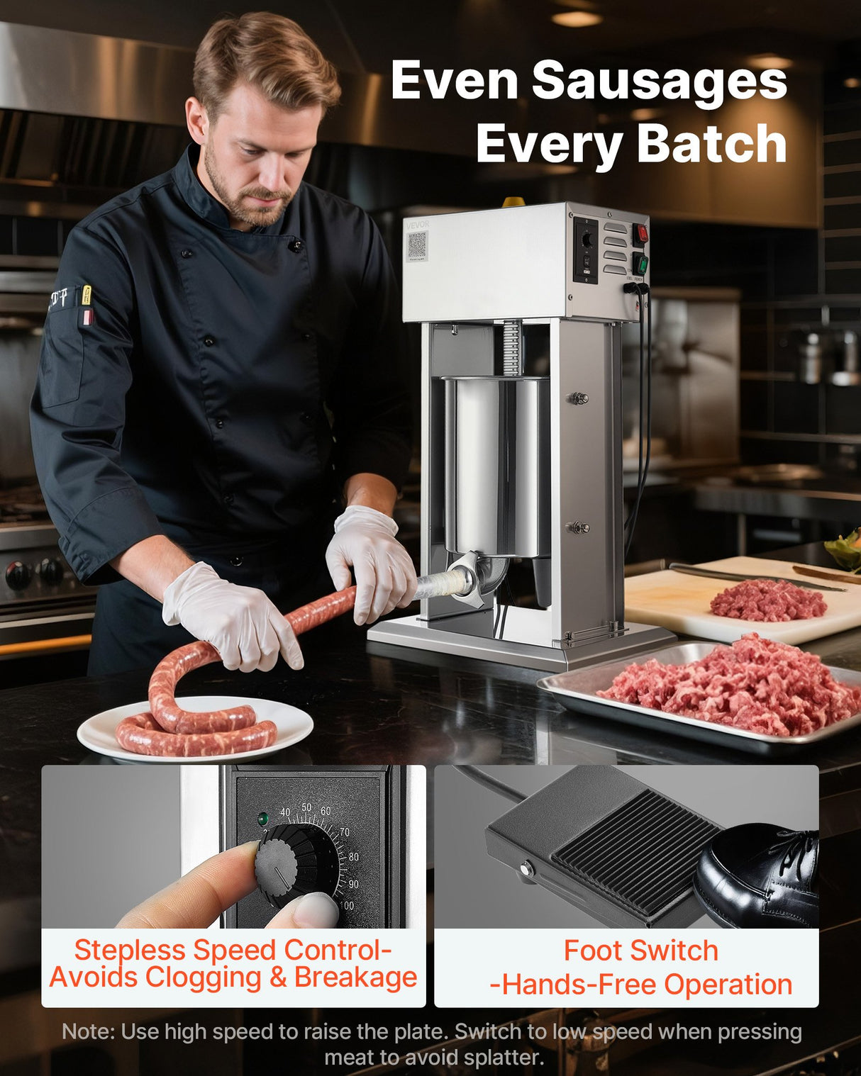 VEVOR Electric Sausage Stuffer, 22 LBS / 10 L Vertical Meat Stuffer, Stepless Speed Control and Foot Pedal, Stainless Steel Heavy Duty Sausage Filler with 4 Stuffing Tubes, for Commercial & Home Use