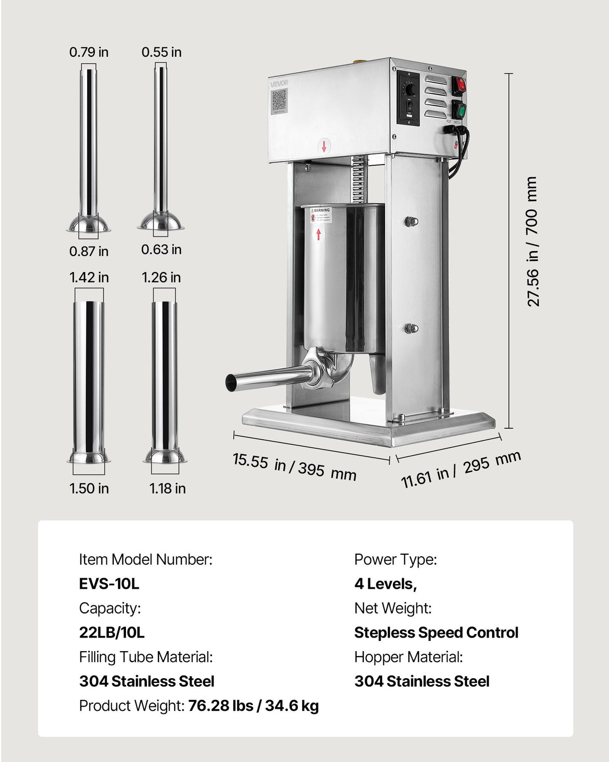 VEVOR Electric Sausage Stuffer, 22 LBS / 10 L Vertical Meat Stuffer, Stepless Speed Control and Foot Pedal, Stainless Steel Heavy Duty Sausage Filler with 4 Stuffing Tubes, for Commercial & Home Use