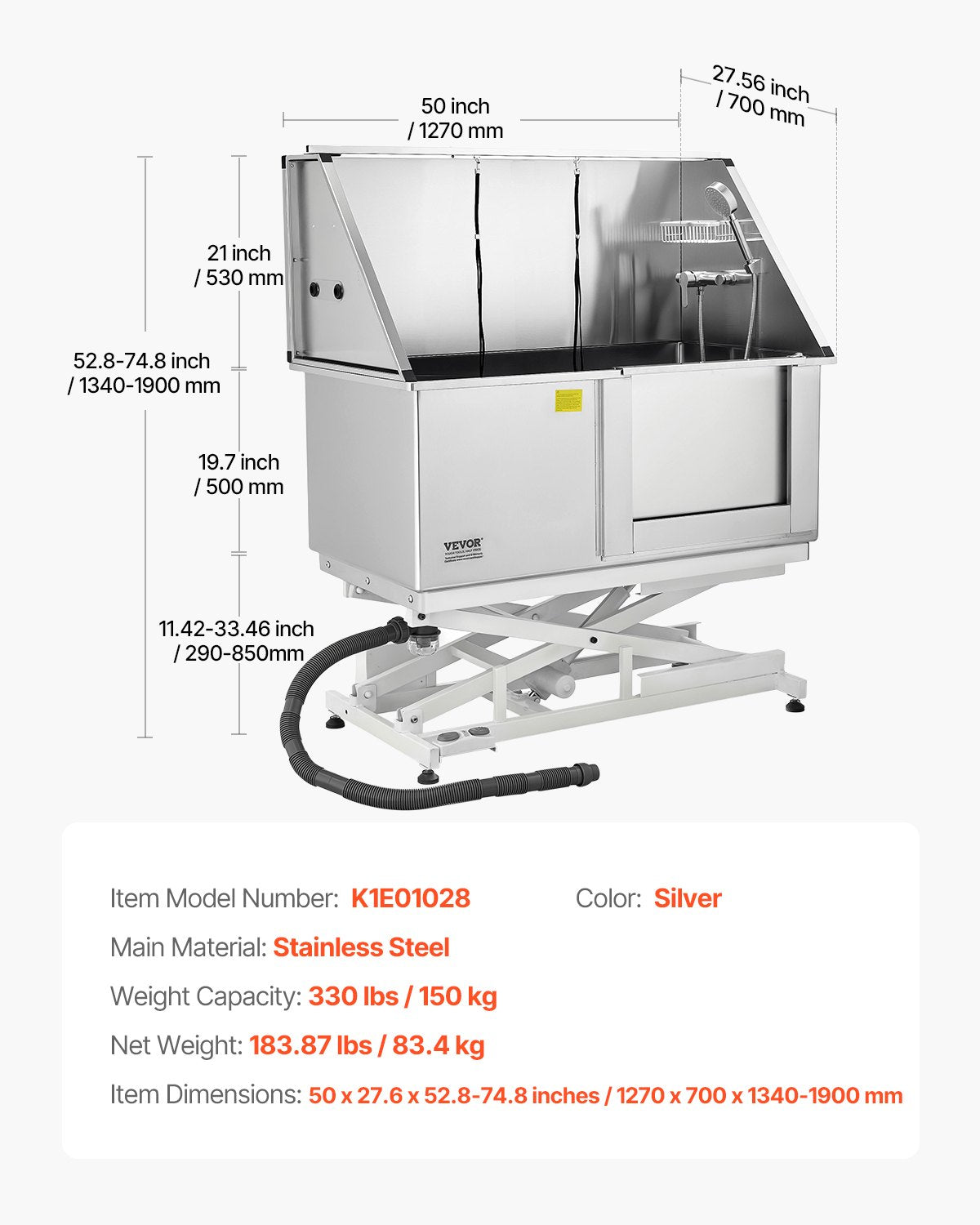 VEVOR 127 cm Electric Dog Grooming Bath Tub Stainless Steel w Water Filter