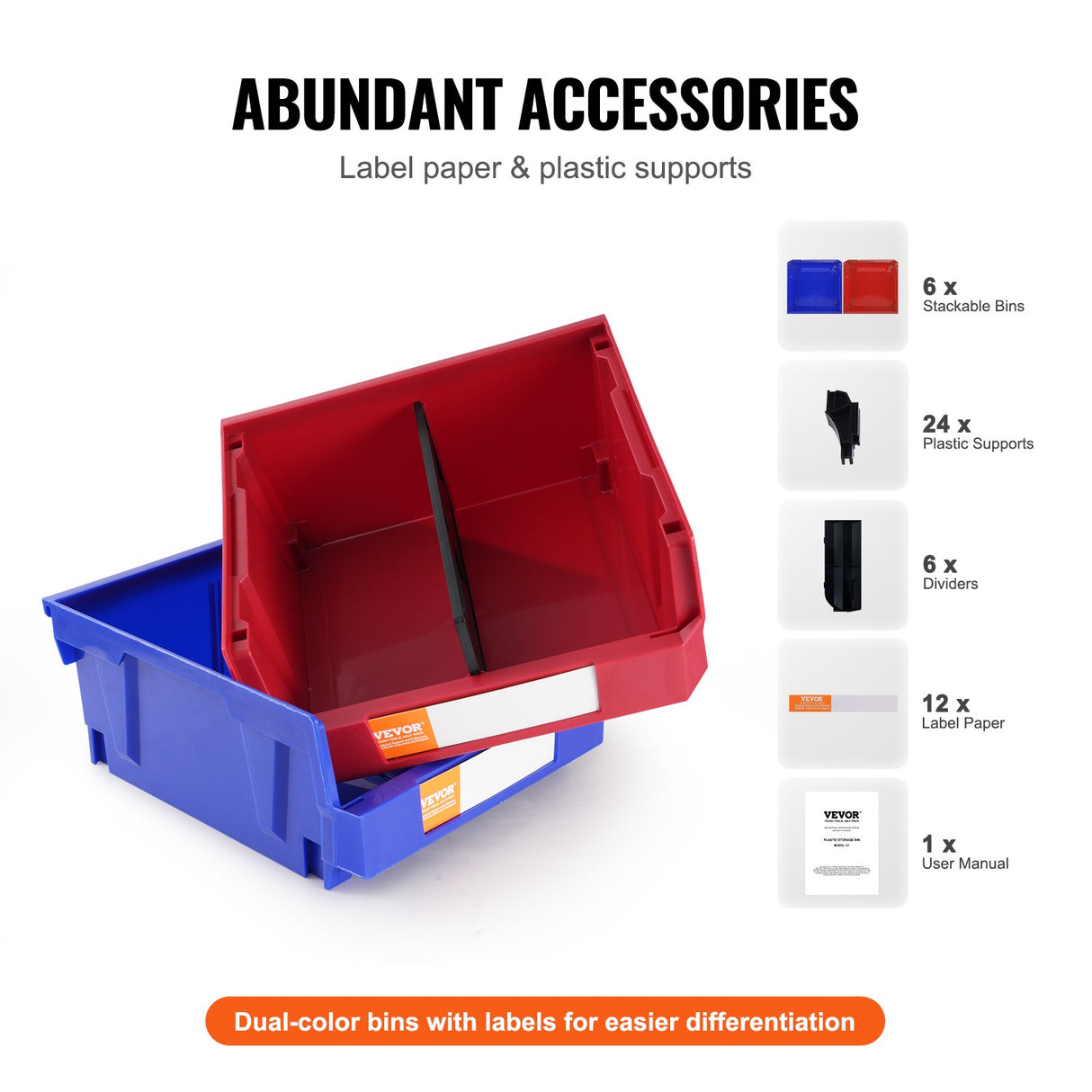 VEVOR Plastic Storage Bin, (276 mm x 279 mm x 128 mm), Hanging Stackable Storage Organizer Bin, Blue/Red, 6-Pack, Heavy Duty Stacking Containers for