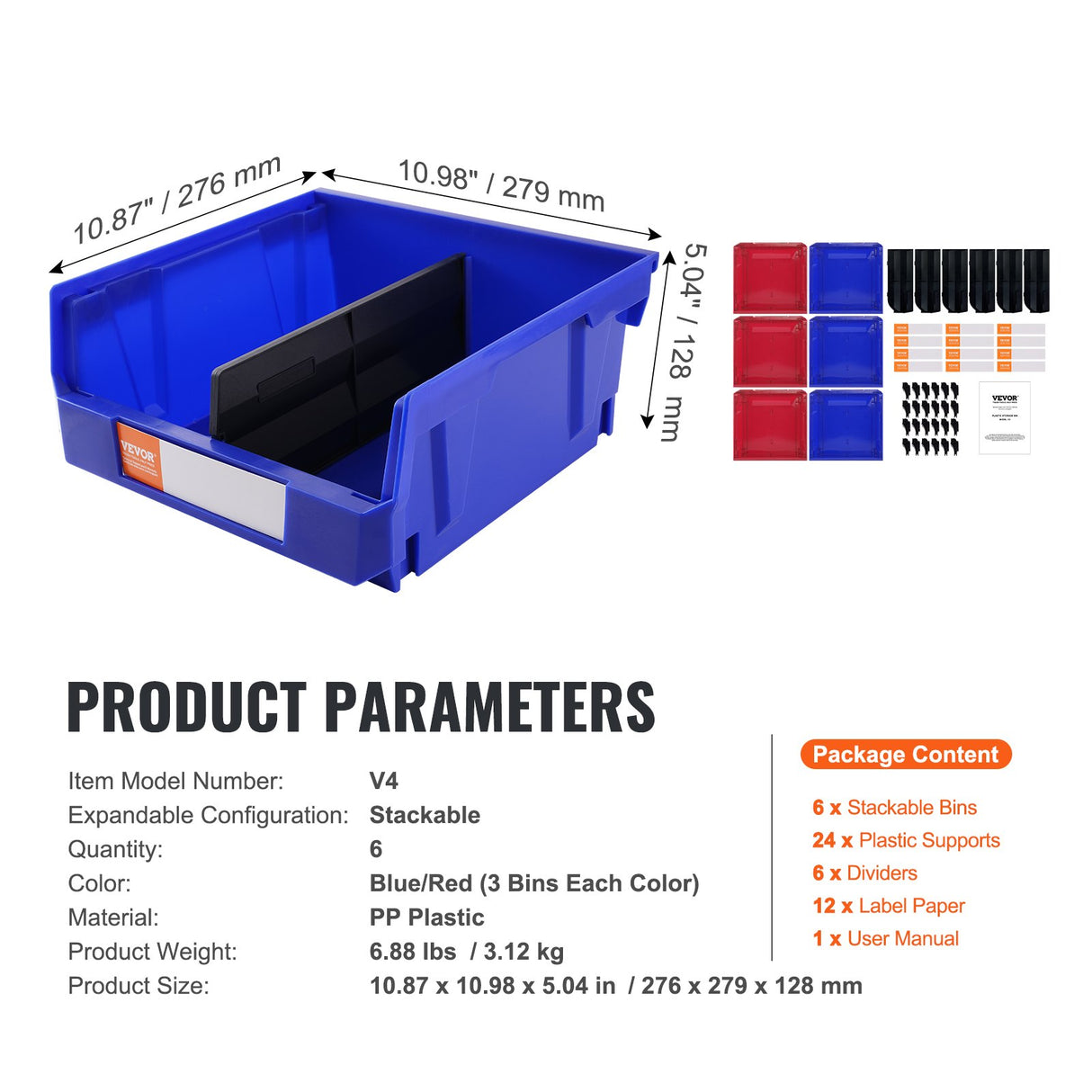 VEVOR Plastic Storage Bin, (276 mm x 279 mm x 128 mm), Hanging Stackable Storage Organizer Bin, Blue/Red, 6-Pack, Heavy Duty Stacking Containers for