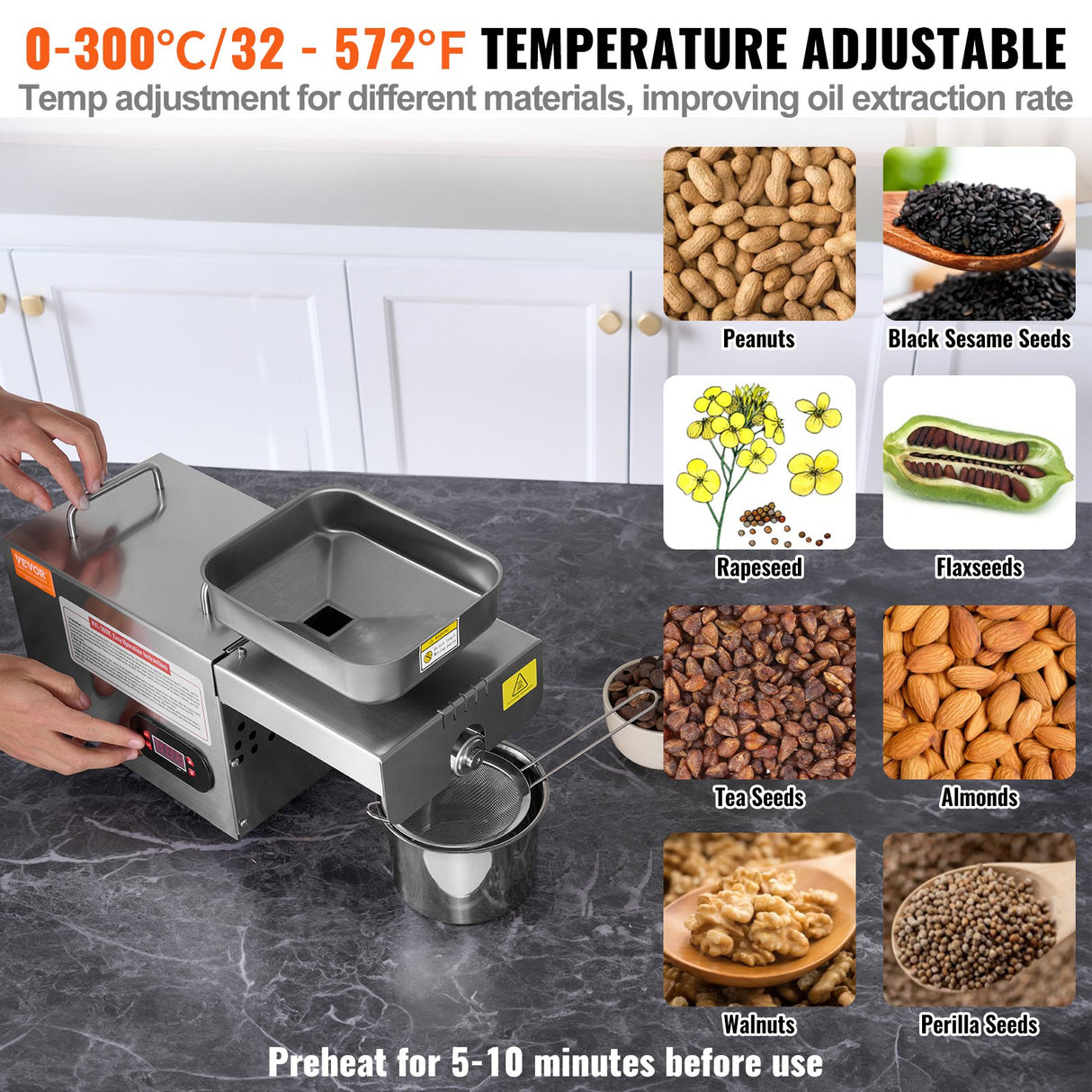VEVOR Electric Oil Press Machine, 850W Stainless Steel Oil Extractor Machine, Adjustable Temperature, Hot Press Oil Expeller for Pressing Peanuts,