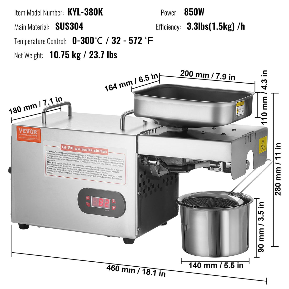 VEVOR Electric Oil Press Machine, 850W Stainless Steel Oil Extractor Machine, Adjustable Temperature, Hot Press Oil Expeller for Pressing Peanuts,