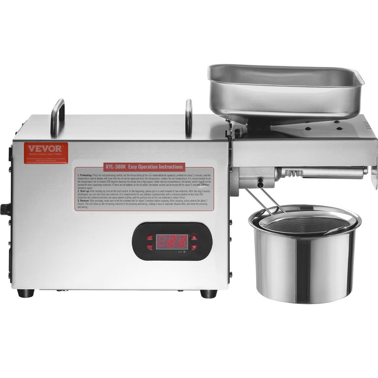 VEVOR Electric Oil Press Machine, 850W Stainless Steel Oil Extractor Machine, Adjustable Temperature, Hot Press Oil Expeller for Pressing Peanuts, Sesame Seeds, Rapeseed, Tea Seeds