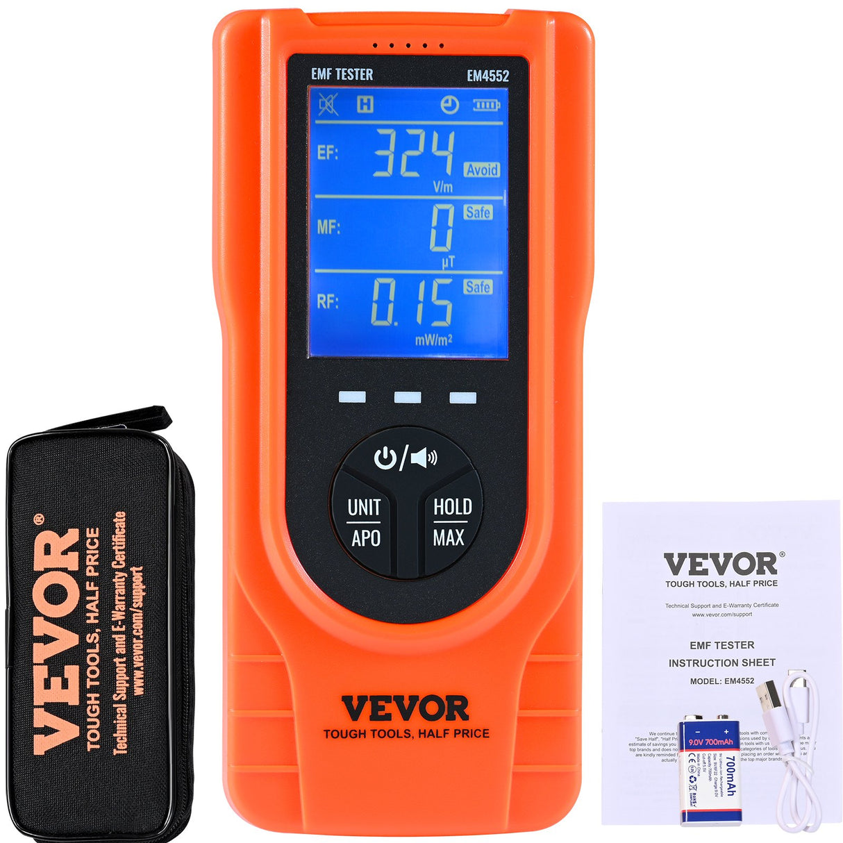 VEVOR 3-in-1 EMF Meter, 5Hz - 3.5GHz, Handheld Rechargeable Electromagnetic Field Radiation Detector, Digital LCD EMF Tester for EF MF RF Home