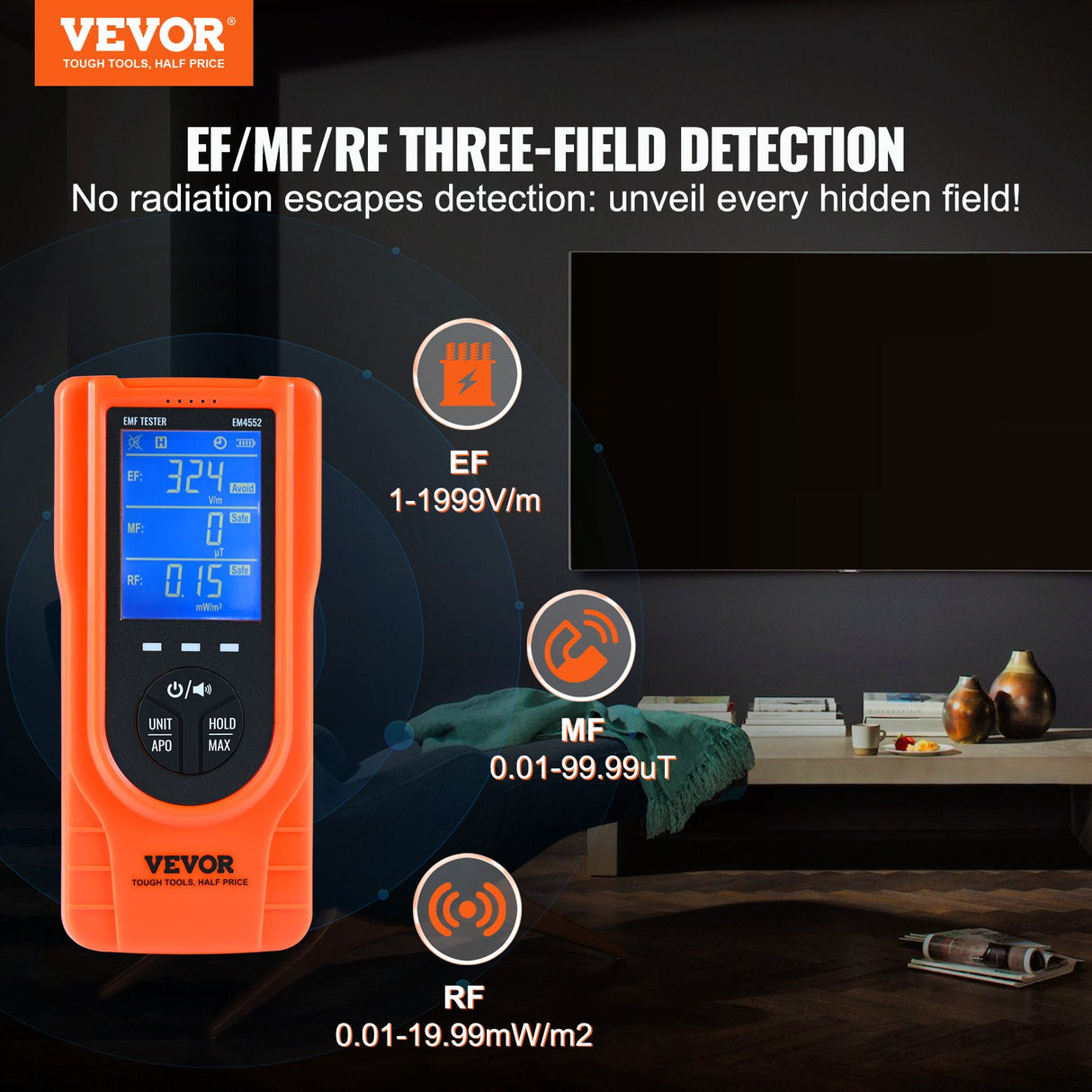 VEVOR 3-in-1 EMF Meter, 5Hz - 3.5GHz, Handheld Rechargeable Electromagnetic Field Radiation Detector, Digital LCD EMF Tester for EF MF RF Home