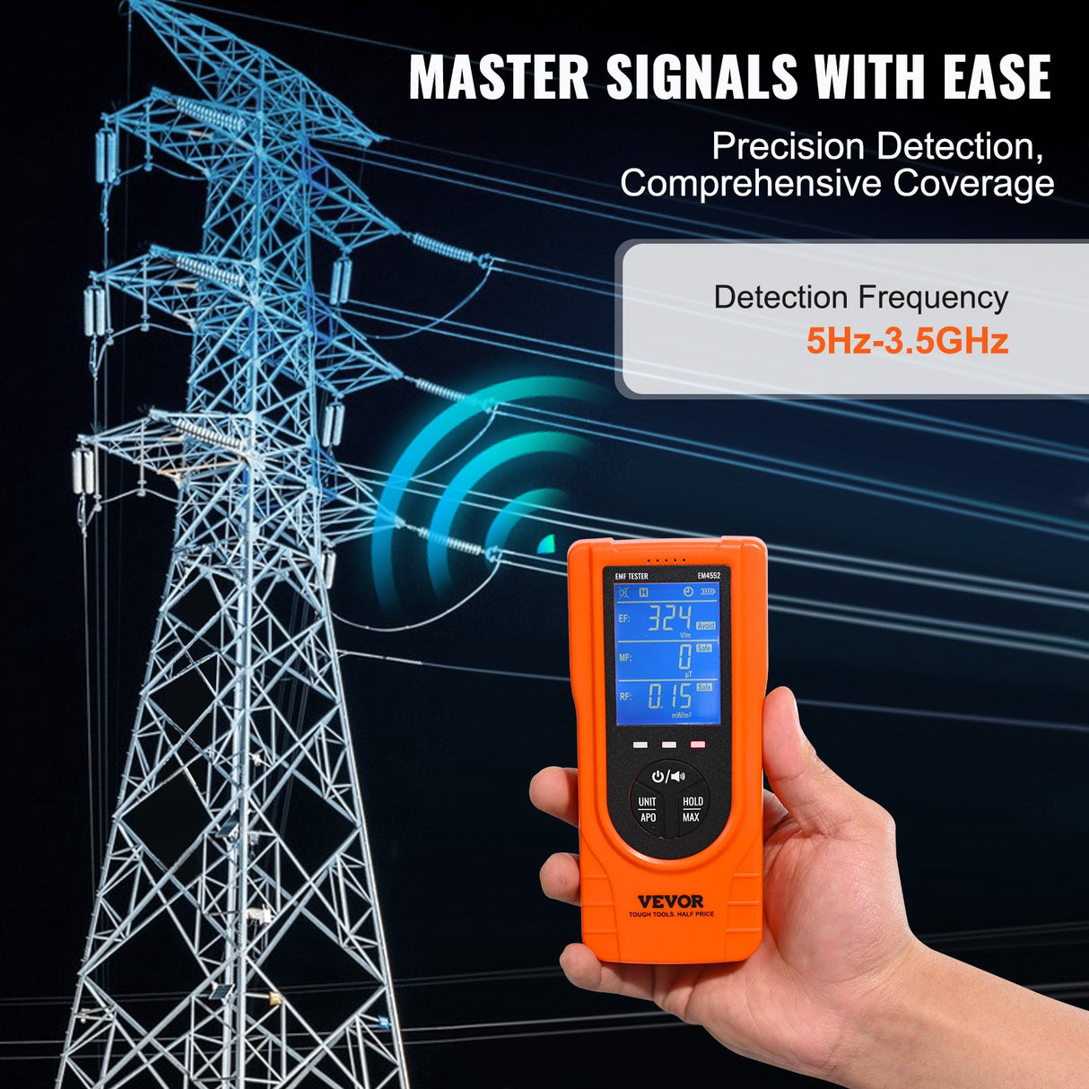 VEVOR 3-in-1 EMF Meter, 5Hz - 3.5GHz, Handheld Rechargeable Electromagnetic Field Radiation Detector, Digital LCD EMF Tester for EF MF RF Home