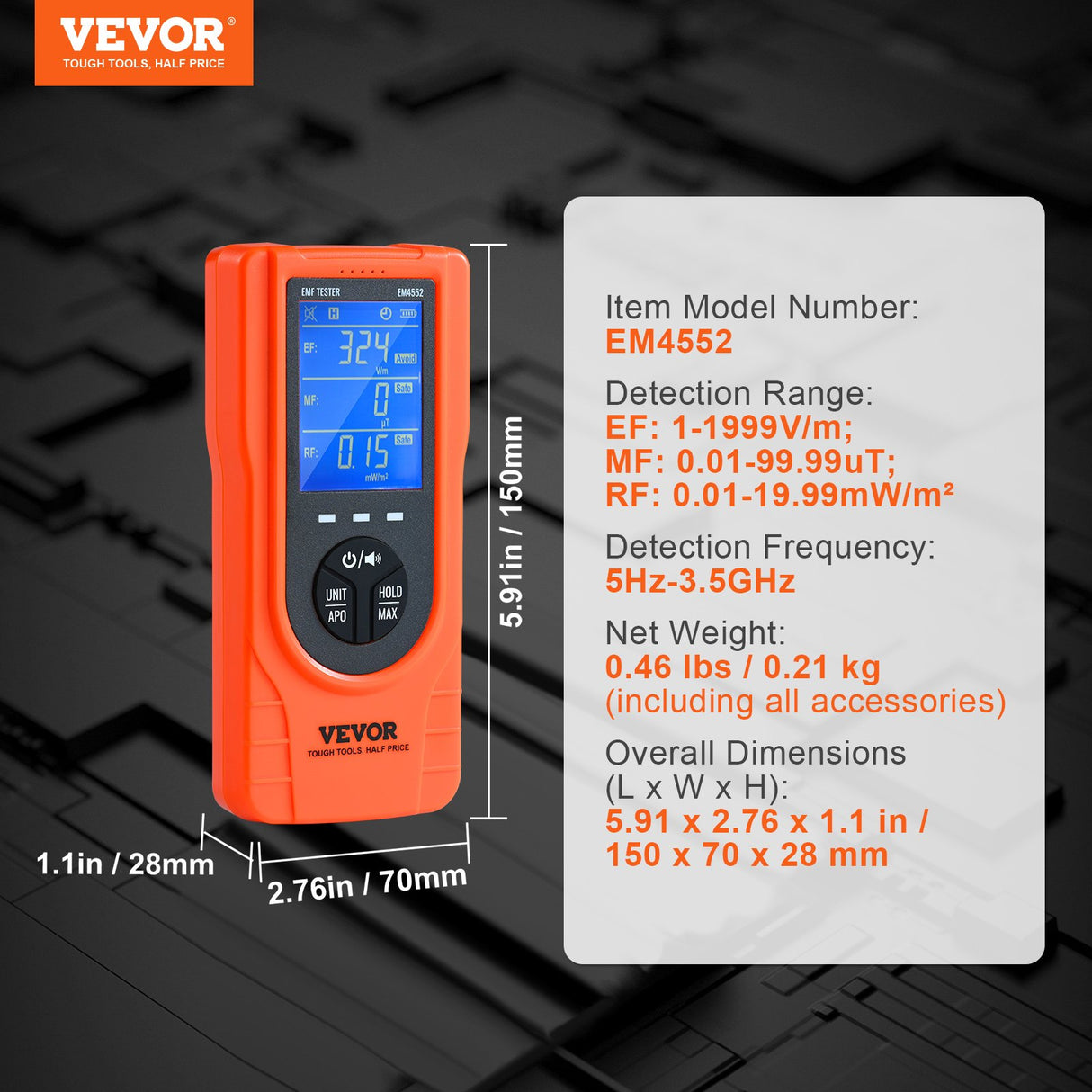 VEVOR 3-in-1 EMF Meter, 5Hz - 3.5GHz, Handheld Rechargeable Electromagnetic Field Radiation Detector, Digital LCD EMF Tester for EF MF RF Home
