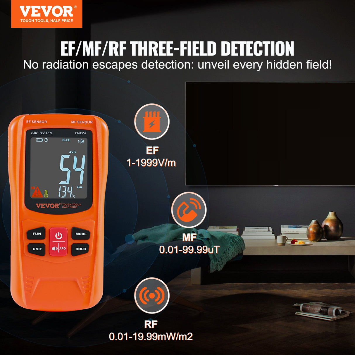 VEVOR 3-in-1 EMF Meter, 5Hz-6GHz, Handheld Rechargeable Electromagnetic Field Radiation Detector, Digital LCD EMF Tester for EF MF RF Home Inspections